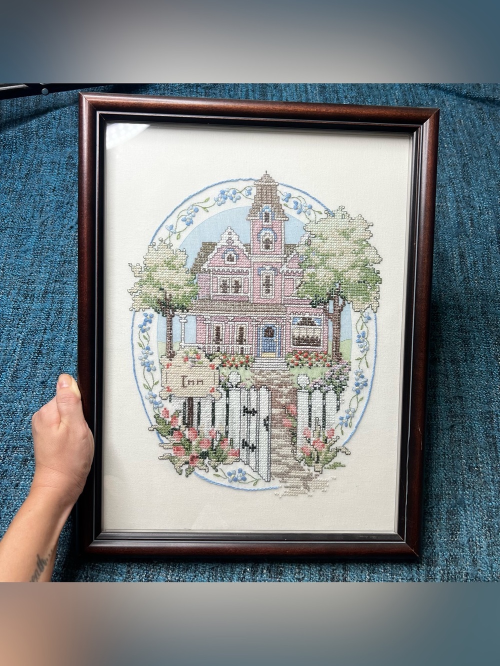 Vintage 90s Cross Stitch Victorian Inn House Wood Framed Artwork 13.5" x 17.5"